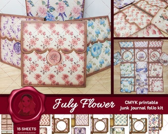 Caja de flores de julio - Kit imprimible para diario basura - Material para diario basura - Bolsillos para diario - Tarjetas insertables - Papeles imprimibles - Sobres