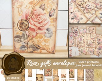May include: A printable junk journal folio kit with 22 sheets of paper featuring a rose design. The kit includes envelopes, tags, and other embellishments. The text "Rose gift envelopes" and "CMYK printable junk journal folio kit" is included in the image.
