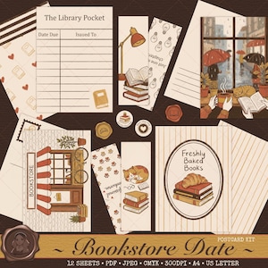 Può includere: Una collezione di articoli di cancelleria a tema libreria. Include schede tascabili per la biblioteca, segnalibri, cartoline e adesivi. Il design presenta illustrazioni di libri, gatti e una scena di libreria. Il testo "Freshly Baked Books" è visibile.