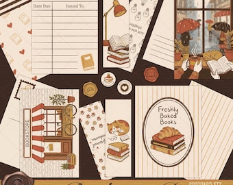 May include: A collection of stationery items with a bookstore theme. Includes library pocket cards, bookmarks, postcards, and stickers. The design features illustrations of books, cats, and a bookstore scene. The text "Freshly Baked Books" is visible.