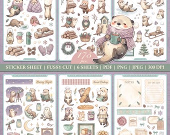 Gemütlicher Flussufer Winter Aufkleber zum Ausdrucken, pingeliger Schnitt, Otter ästhetische Ephemera, niedliches Tierzubehör, Bujo Scrapbook Abziehbild