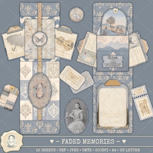 Puede incluir: Una hoja de collage digital con un esquema de color azul y blanco. La hoja presenta varias imágenes, incluyendo una mariposa, un violín, una casa, un conejo, una mujer y un boleto. El texto "Glint" también está incluido en la hoja. La hoja está diseñada para scrapbooking y otras manualidades de papel.