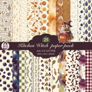 May include: A collection of 25 patterned papers with a Kitchen Witch theme. The designs include illustrations of cooking tools, moons, stars, and a witch stirring a cauldron. The color palette features beige, brown, orange, and purple hues. The text on the image reads "Kitchen Witch paper pack".