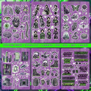Neon Soul printable sticker sheet, Cyborg Girl Collection, Cyberpunk Aesthetic, Neon Future Android, Futuristic Goth & Glitch Core Decor