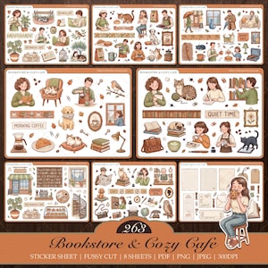 Bookstore & Cozy Cafe printable sticker sheet, fussy cut, Stationery for Journaling, Library and Coffee Shop Planner, Bookish Decals