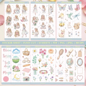 May include: A sticker sheet featuring watercolor illustrations with a spring theme. The designs include images of women, butterflies, flowers, animals, and other decorative elements. The text on the sheet reads "Ethereal Spring Dream".