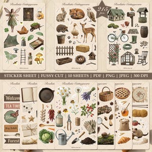 May include: A sticker sheet set with a cottagecore theme, featuring various illustrations. The stickers include a fairy, animals, garden tools, and food items. The text "Realistic Cottagecore" and "215 pcs" are visible. The sheet also includes the text "STICKER SHEET | FUSSY CUT | 10 SHEETS | PDF | PNG | JPEG | 300 DPI".