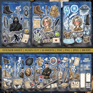 Puede incluir: Una colección de hojas de pegatinas con temática de fantasía, con ilustraciones de botas, armas, personajes y otros elementos fantásticos. El texto "Dragon Rider Academy" está en la parte superior de cada hoja. La parte inferior dice "STICKER SHEET".