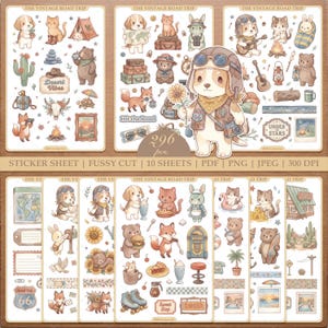 May include: A collection of sticker sheets with a vintage travel theme. The stickers feature watercolor illustrations of animals, travel accessories, and desert landscapes. The text on the stickers includes "Desert Vibes", "Hit the Road", and "Under Stars".
