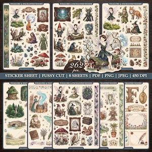 Puede incluir: Una colección de hojas de pegatinas digitales con ilustraciones de hadas, gnomos, criaturas del bosque, setas y objetos mágicos. El texto incluye Folklore & Enchanted Woods, Magic Within, Nature Spells, Fable Tree y 262 pcs.