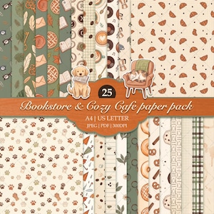 May include: A digital paper pack featuring 25 patterns with themes of bookstores and cafes, including illustrations of croissants, coffee, books, paw prints, and a dog with a newspaper. The text reads Bookstore & Cozy Cafe paper pack, A4 | US Letter.