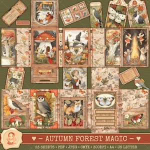 May include: A collage of autumn-themed illustrations with woodland creatures, mushrooms, and fairies. The artwork features a color palette of warm oranges, browns, and greens. The text "Autumn Forest Magic" is displayed at the bottom.