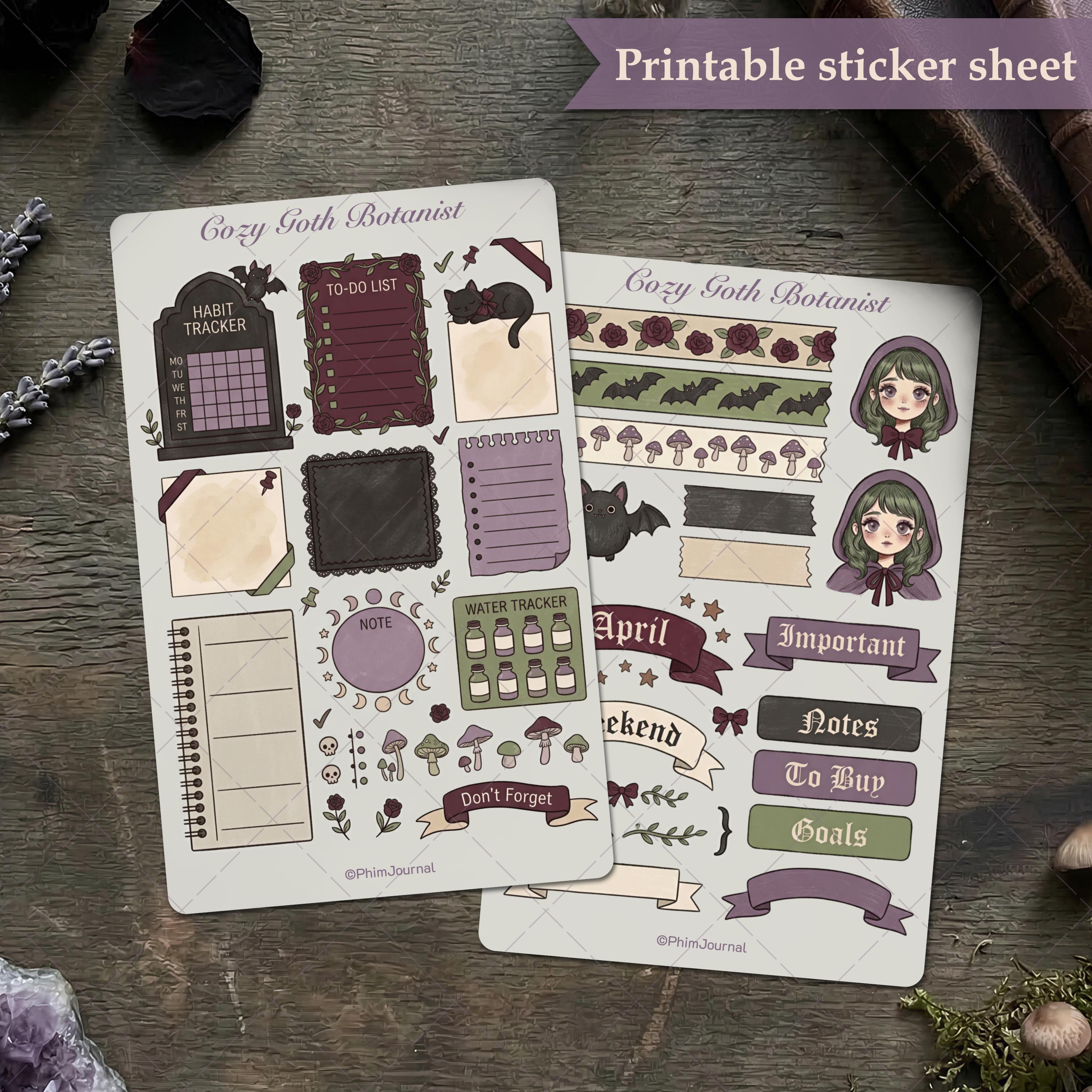 Cozy Goth Botanical Printable Sticker Sheet, Spooky Cute Witchy Journal ...
