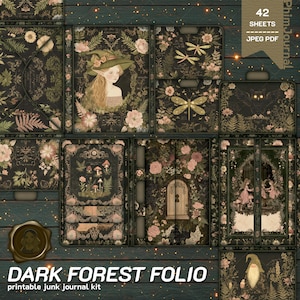 afdrukbare folio-kit voor junkjournal in dark forest - voorraad junkjournalen - digitale folio's - tijdschriftenzakjes - insteekkaarten - retro-paddenstoel