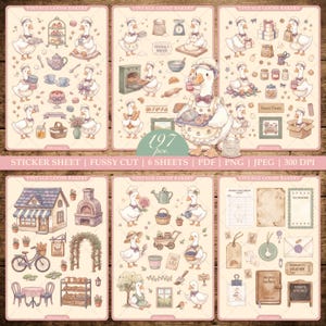 May include: A collection of six sticker sheets featuring illustrations of geese dressed as bakers, various bakery items, a small house, garden elements, and stationery items. The text reads Vintage Goose Bakery, 197 pcs, and Sticker Sheet.