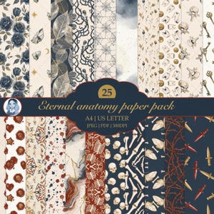 Könnte beinhalten: Eine Sammlung von 25 gemusterten Papieren mit einem dunklen, gotischen Thema. Designs umfassen Rosen, Blätter, Spinnweben, Schädel, Knochen und Schlüssel. Der Text lautet "Eternal anatomy paper pack" und enthält A4- und US-Letter-Größen.