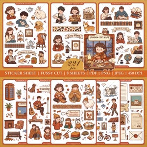 May include: A collection of sticker sheets featuring illustrated scenes of people, animals, and cafe items with the text London Cozy Cafe, Autumn in London, Cozy Vibes, Book Lover, Evening, Sweater Weather, and Notes in a warm color palette.