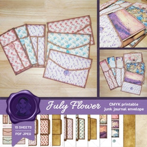 July Flower envelopes - printable folio junk journal kit - junk journal supply - journal pockets - insert cards - printable papers