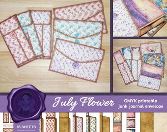 Sobres con flores de julio - Kit imprimible para diario basura - Material para diario basura - Bolsillos para diario - Tarjetas insertables - Papeles imprimibles