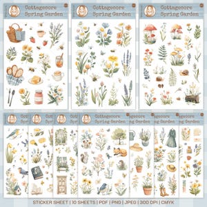 Cottagecore Spring Garden - folha de adesivos para impressão - adesivos PNG - corte Cricut - corte sofisticado - adesivos digitais - adesivos para planejador
