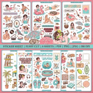 May include: A collection of eight digital sticker sheets featuring retro pool party illustrations. The designs include people in swimwear, cats, dogs, beach gear, tropical motifs, and text elements like 'CHILLIN', 'SUMMER VIBES', 'GOLDEN HOUR', 'SPLASH', 'STAY COOL', and 'ADMIT ONE'.