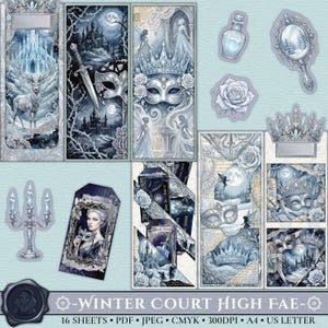 May include: A selection of digital art prints with a winter court theme. The prints showcase illustrations of a castle, deer, masks, crowns, fairies, and roses in blue and white. The text "Winter Court High Fae" is displayed.