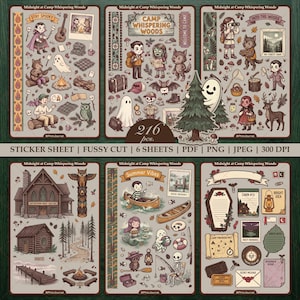 May include: A set of six sticker sheets with a camping and spooky theme. The stickers feature illustrations of ghosts, werewolves, cabins, and other camping-related items. The text "Midnight at Camp Whispering Woods" is displayed on each sheet.