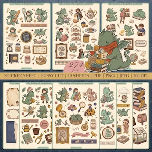 Könnte beinhalten: Eine Sammlung von Stickerbögen mit skurrilen Illustrationen. Die Aufkleber zeigen Drachen, Menschen und verschiedene Objekte wie Bücher, Teetassen und Backutensilien. Der Text "The Valley of Forgotten Comforts" und "Sweet Tooth" sind sichtbar. Die Stickerbögen sind mit "STICKER SHEET | FUSSY CUT | 10 SHEETS" beschriftet.