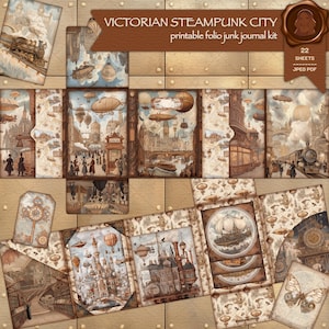 cidade vitoriana steampunk - kit de diário de lixo para impressão - suprimentos para diário de lixo - papel para diário - cartões de inserção - livreto - presentes steampunk