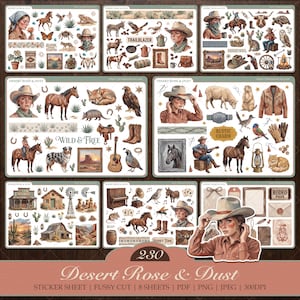 May include: A collection of eight sticker sheets featuring Western-themed illustrations including cowboys, cowgirls, horses, desert landscapes, cacti, farm buildings, guitars, and wildlife. The text includes Desert Rose & Dust, Trailblazer, Wild & Free, Rustic Charm, Honky Tonk, and Rodeo Pass.