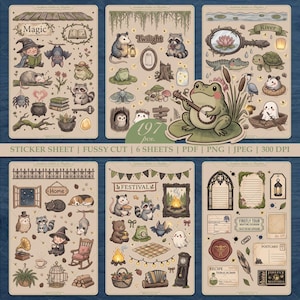 May include: Six sticker sheets with charming illustrations. The sheets showcase themes like magic, twilight, and festival scenes. The stickers feature adorable animals, plants, and decorative elements. The text "197 pcs" is visible.