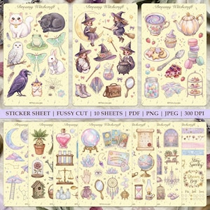 May include: A collection of whimsical sticker sheets with a dreamy witch theme. Each sheet features colorful illustrations of cats, owls, witches, potions, desserts, and other magical elements. The text "Dreamy Witchcraft" is at the top of each sheet.