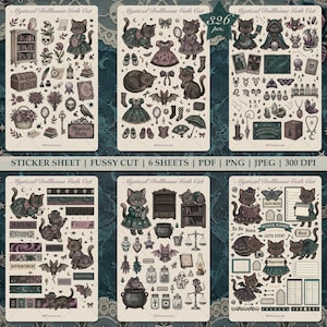 Mystische Puppenhaus Goth Katze Stickerbogen, gruselig süß witchy Aufkleber Bullet Journal, dunkel Kokette Scrapbook Zubehör, wählerisch geschnitten