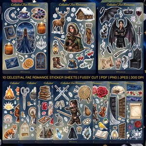 Op de afbeelding: Een verzameling Celestial Fae Romance stickervellen met illustraties van fantasiefiguren, een hert, een hut, zwaarden, boeken, een viool, een vos en diverse magische voorwerpen. De tekst Celestial Fae Romance staat op de vellen gedrukt.
