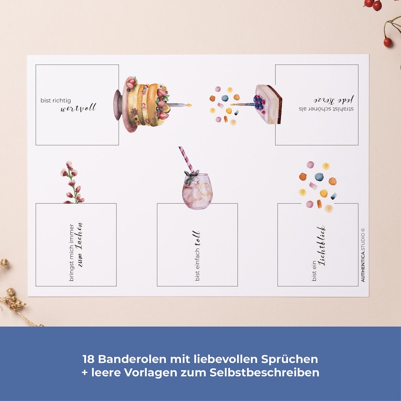 Peut inclure: Une carte blanche avec des illustrations &agrave; l'aquarelle et du texte en allemand. La carte pr&eacute;sente des images de g&acirc;teau, de boisson et de confettis, ainsi que des phrases. Le texte comprend des phrases comme "bist richtig wertvoll" et "bringst mich immer zum Lachen."