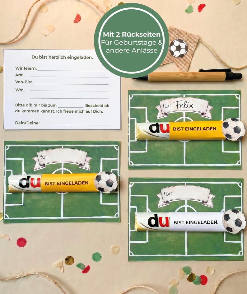 May include: A collection of invitation cards with a soccer theme. The cards feature a green field design, a soccer ball, and the words "Du bist eingeladen." A pen and a small soccer ball decoration are also present.