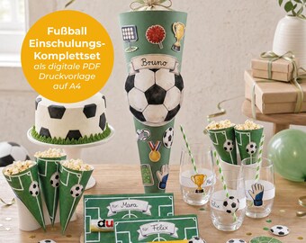Kit complet de rentrée scolaire sur le thème du football à imprimer : invitation, mini-cônes de signalisation, étiquettes pour gobelets et sous-verres | Modèle PDF à imprimer