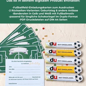 May include: A set of soccer-themed invitation cards with a green field design. Includes invitation cards, wrappers for candy bars, and text that reads "You are cordially invited to my birthday".