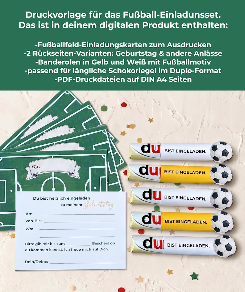 May include: A set of soccer-themed invitation cards with a green field design. Includes invitation cards, wrappers for candy bars, and text that reads "You are cordially invited to my birthday".