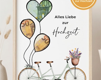 Cadeau de mariage en argent à imprimer | Modèle PDF pour cadres photo | Vélo tandem avec ballons | Verso supplémentaire pour message personnel