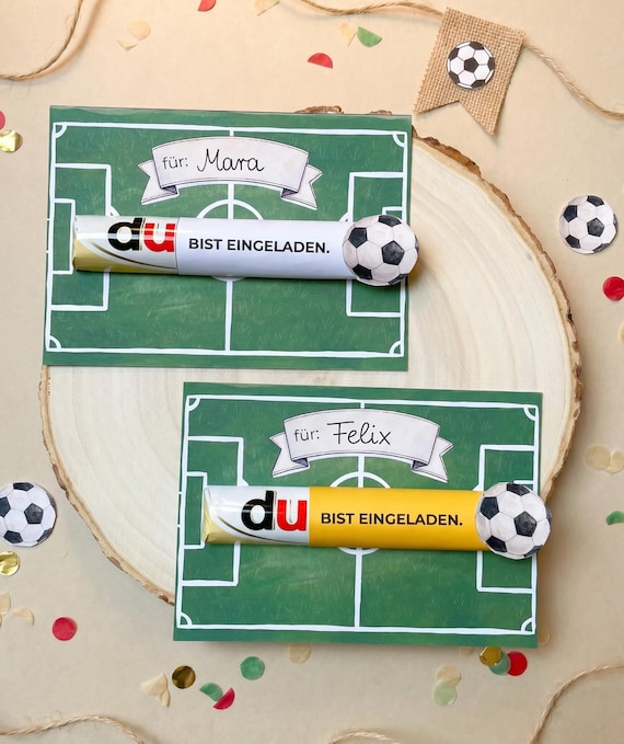 Fußball Einladung zum Ausdrucken – für Geburtstage und andere Anlässe mit Banderole im Duplo-Format I Einladung Kindergeburtstag