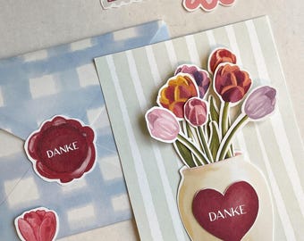 Carte de remerciement à imprimer | Cadeau de remerciement avec fleurs peintes à la main et effet 3D | Carte à faire soi-même avec fleurs, enveloppe et finitions soignées