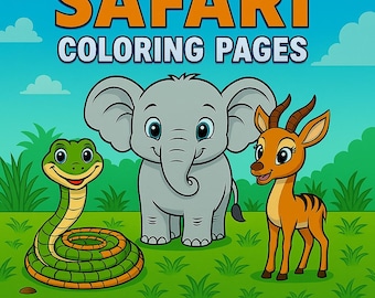 Safari adventure with 25 coloring pages for children in PDF and PNG format. All animals are available for printing and digital coloring.