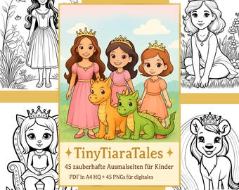 Coloring pages princesses also animals included PDF PNG Set 45 printable A4 coloring pages for children digital or to print and color