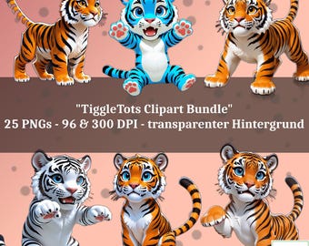 TiggleTots Clipart Bundle – 25 PNGs with cute tiger cubs – 96 and 300 DPI – For stickers, planners, and DIY ideas