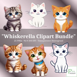 Op de afbeelding: Een digitale kunstbundel met zes cartoonkat-illustraties in verschillende poses en kleuren, waaronder grijze, witte en oranje tabby-katten. De tekst "Whiskerella Clipart Bundle" wordt boven de afbeeldingen weergegeven.