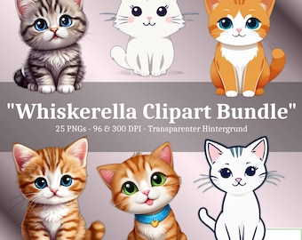 Whiskerella – 25 cute cat clipart PNG, transparent background 96 & 300DPI digital illustrations for DIY, planner, stickers