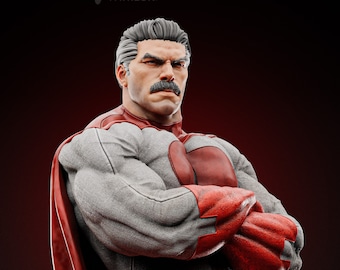 May include: A superhero figure with a red and gray costume, a red cape, and a gray mustache. The figure has its arms crossed and is looking to the right. The figure is standing against a red background. The text "ZZZ" is visible on the bottom of the image.