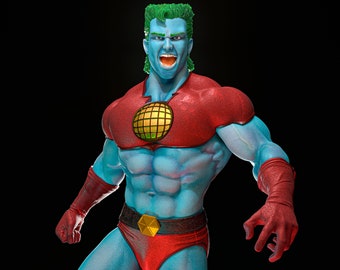 May include: A blue and red superhero action figure with green hair and a large, gold, circular symbol on the chest. The figure is posed with a raised fist and a determined expression.