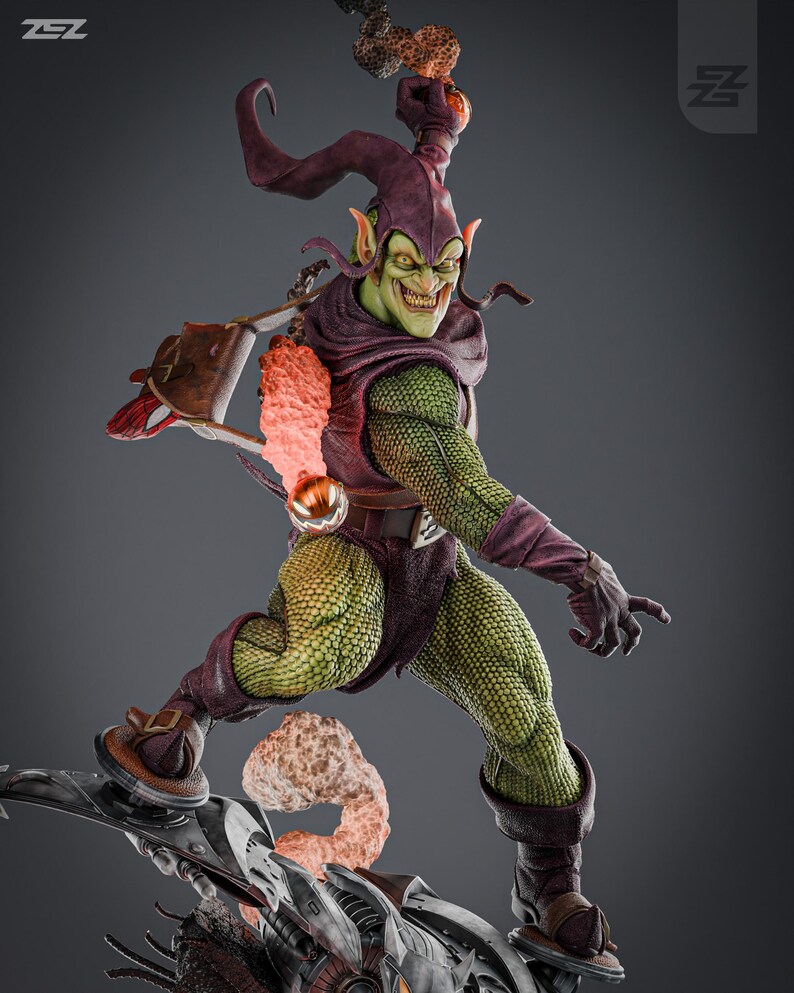 May include: Green Goblin action figure with a green and purple costume, holding a pumpkin bomb and riding a glider. The figure is posed in a dynamic action pose with a menacing expression.